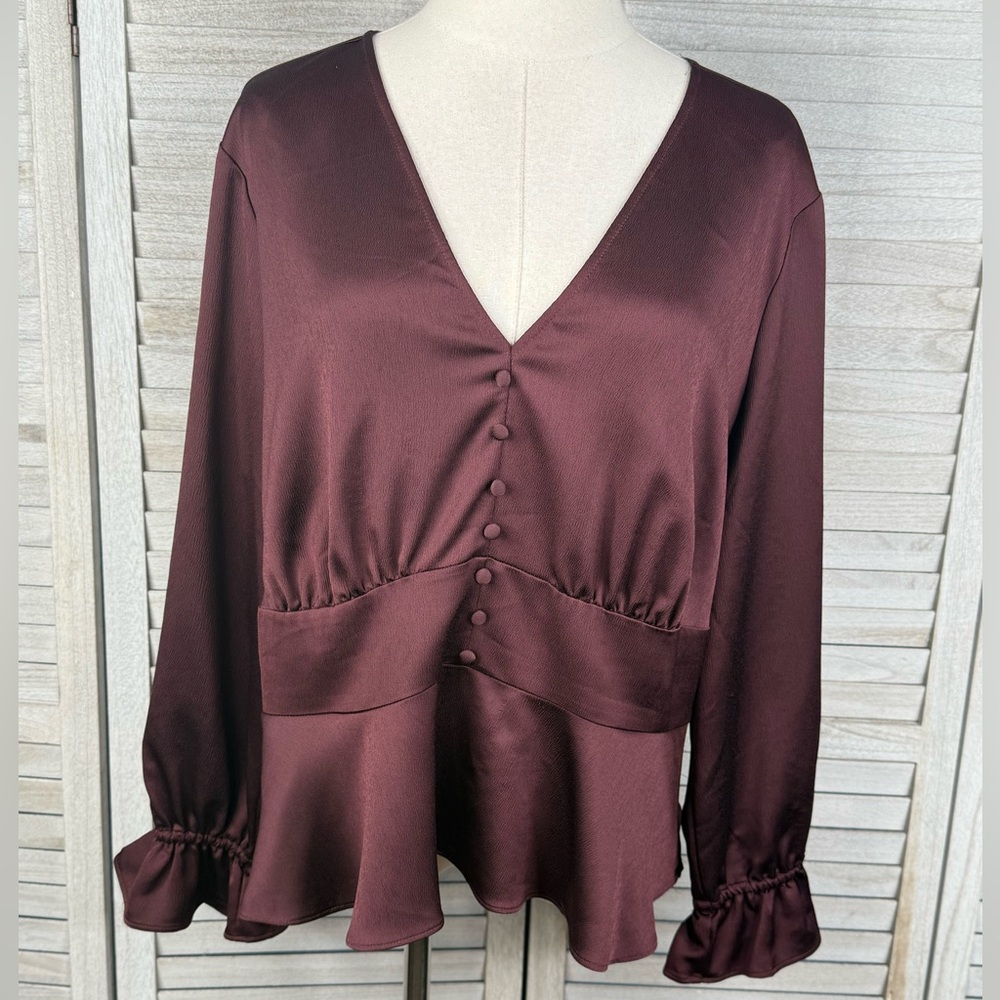 EXPRESS Burgundy Satin Button Front V Neck Peplum Blouse-XL
